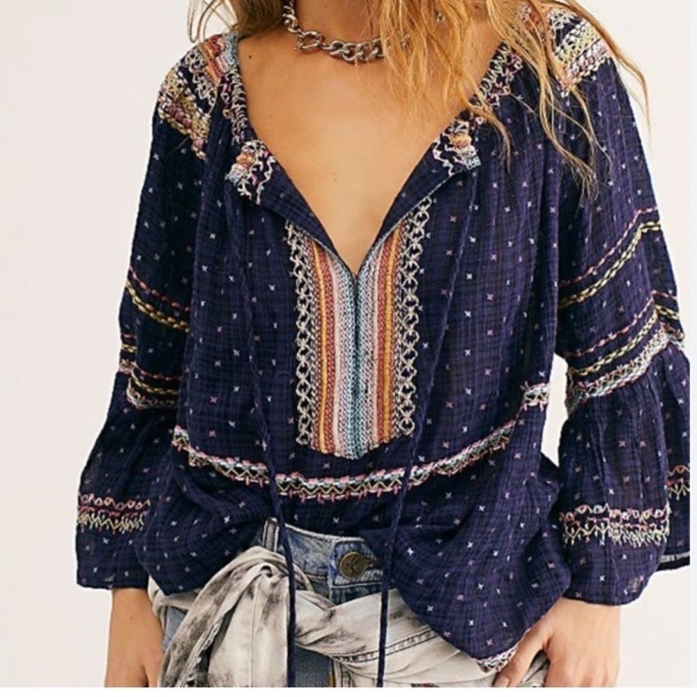 Free People Talia Embroidered Blouse Size XS Navy Blue ,